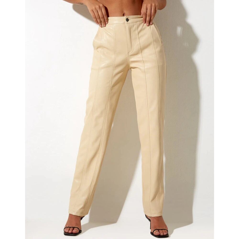 MOTEL ROCKS Centa Trouser Straight Leg Faux Leather PU Vegan Sz XS Beige